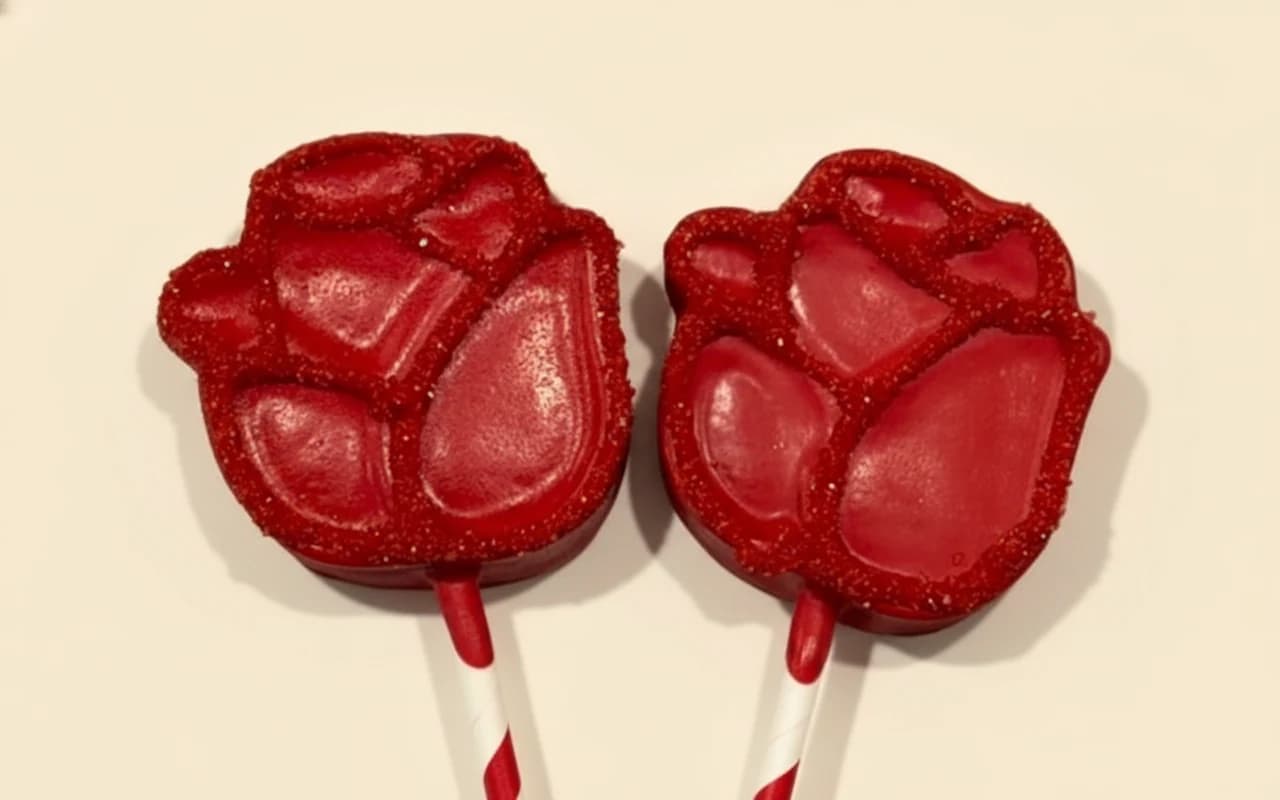 Red rose-shaped cake pops with sparkling sugar finish.