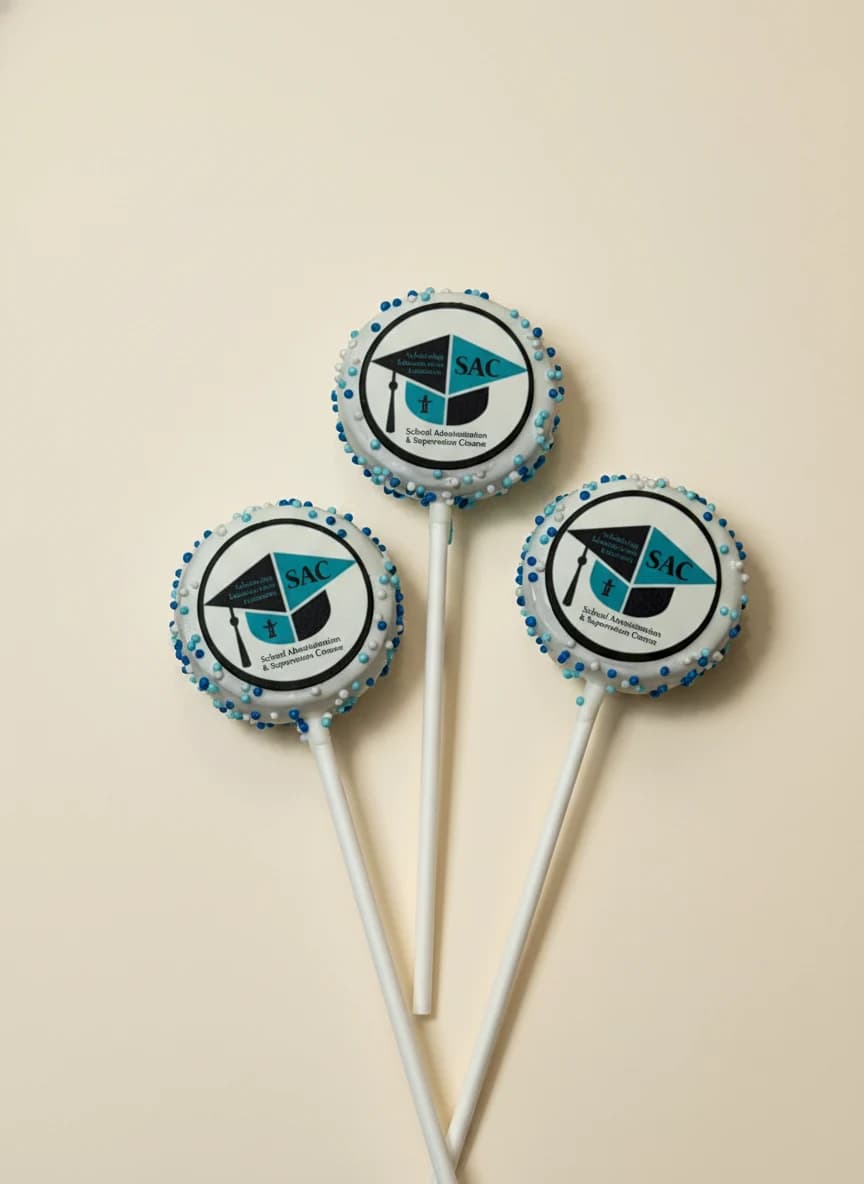 Cake pops with printed graduation cap and SAC association logos.